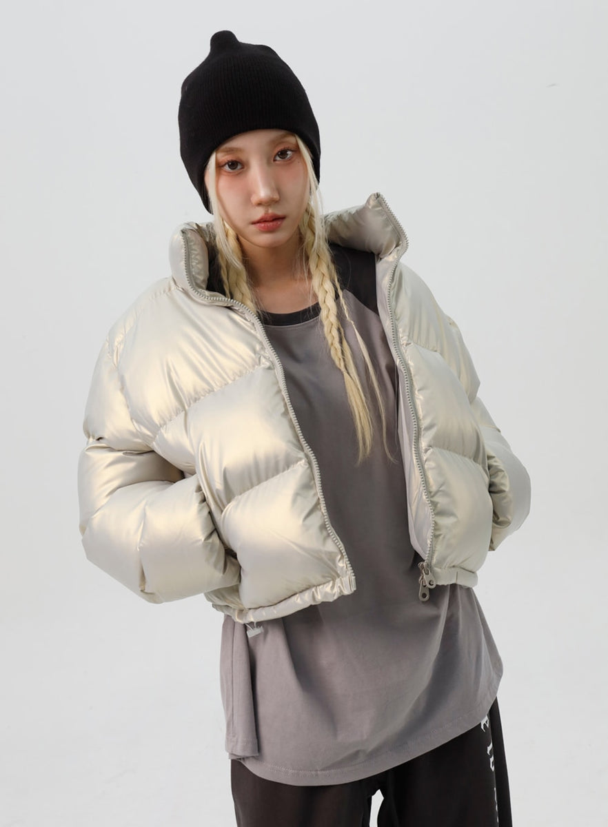 Cropped glossy puffer outlet jacket