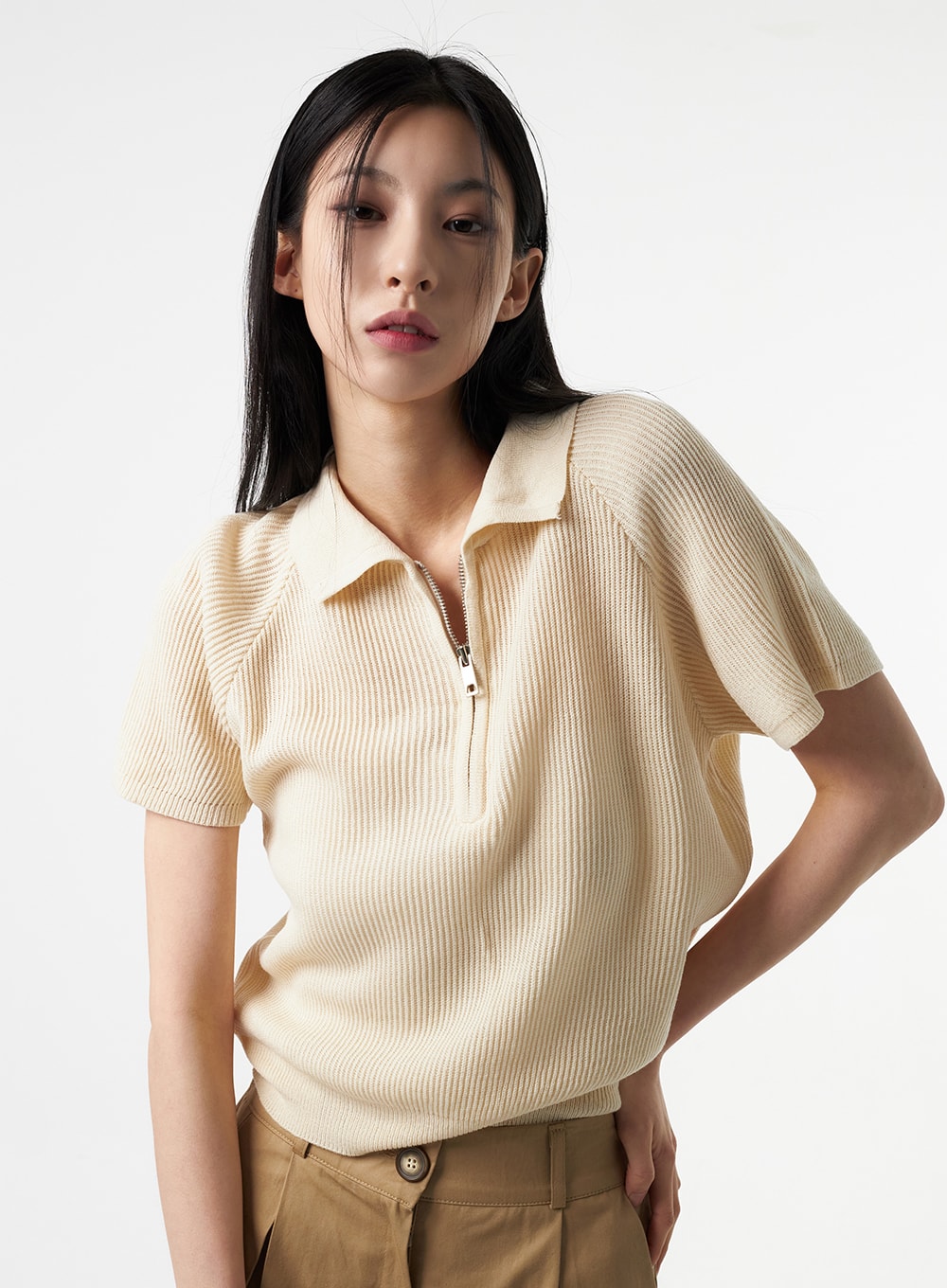 Half Zip-Up Knit Polo Top IA325