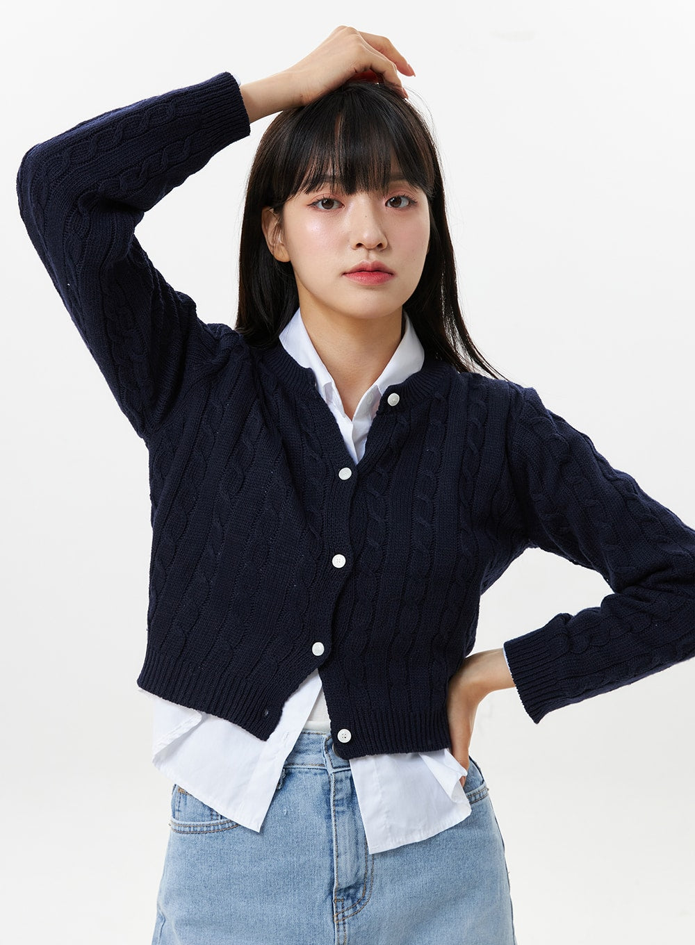 Navy Cable-Knit Cropped Cardigan