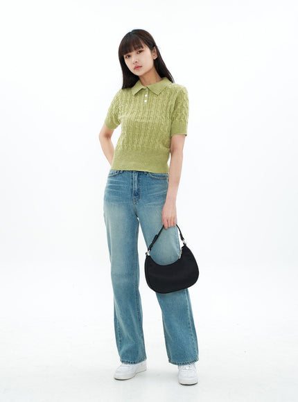 Cable Knit Collared Short-sleeve Sweater CA01