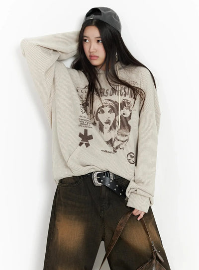 ribbed-graphic-knit-hoodie-im502 / Beige