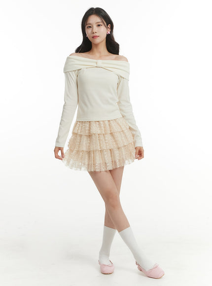 lace-frill-mini-skirt-of428 / Beige