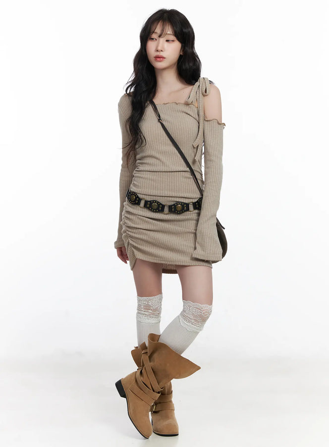 ribbed-one-shoulder-mini-dress-cj526 / Beige