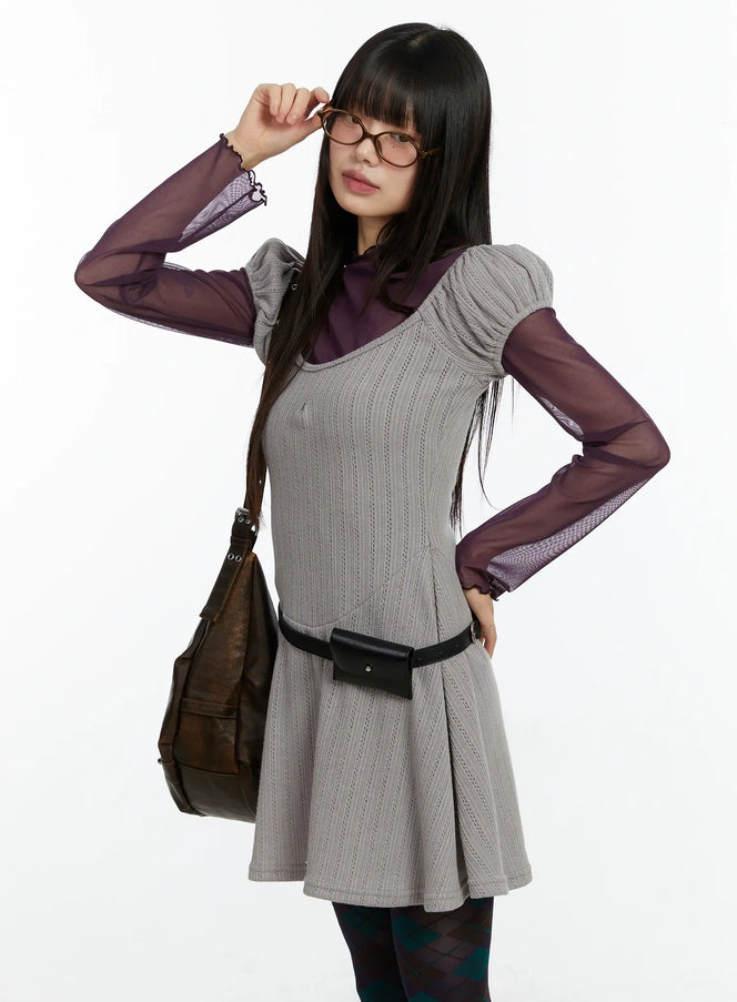 pointelle-puff-sleeve-flare-mini-dress-cf509 / Beige