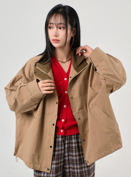 grandpacore-oversized-button-bomber-jacket-of406 / Beige