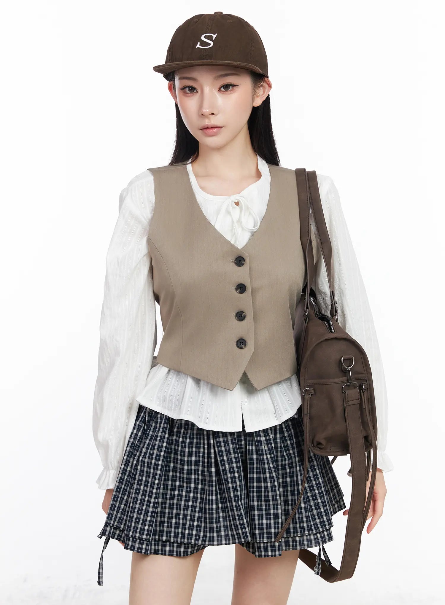 buttoned-back-belted-crop-vest-cm519 / Beige