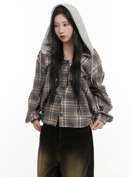 buttoned-check-hooded-blouse-cd410 / Beige