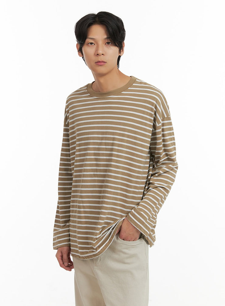 mens-stripe-crew-neck-long-sleeve-top-iy410 / Beige