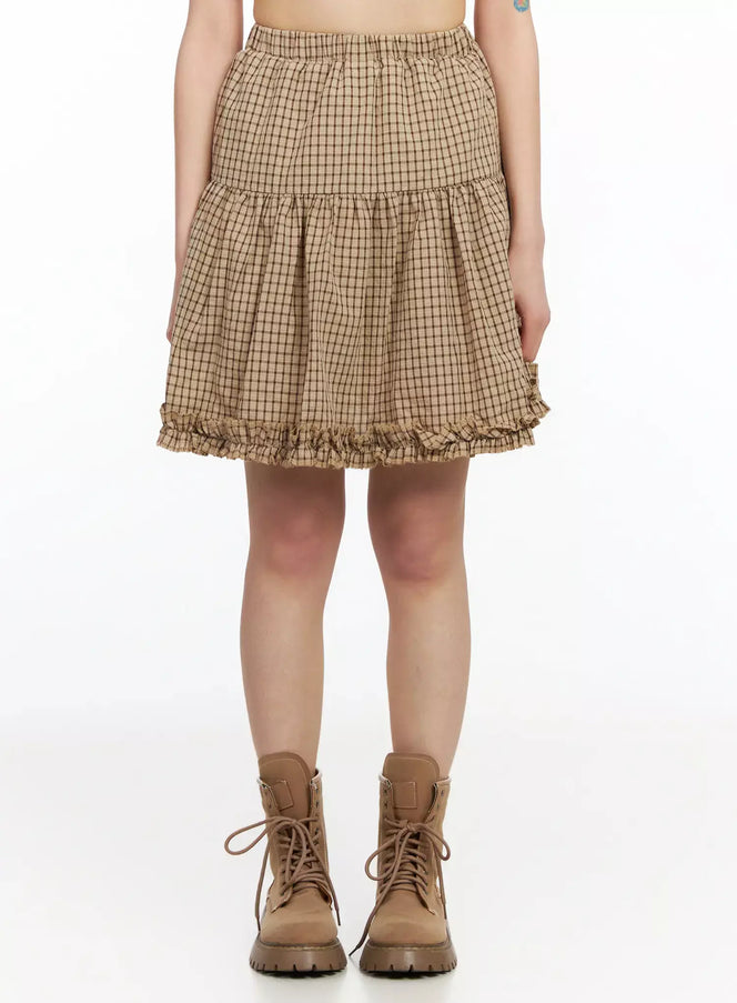 gingham-frill-midi-skirt-ia523 / Beige