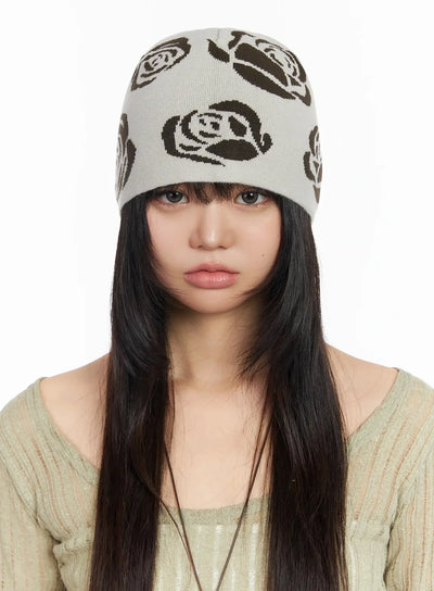 rose-pattern-knit-beanie-ia523 / Beige