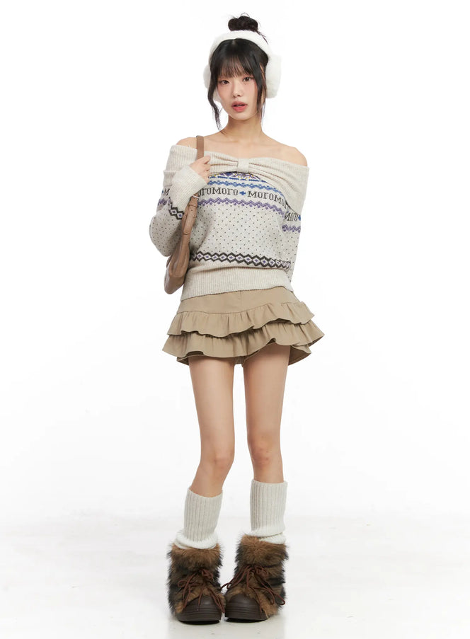 frill-hem-fleece-lined-mini-skirt-cn520 / Beige