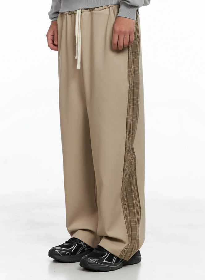 mens-side-plaid-drawstring-pants-ig529 / Beige