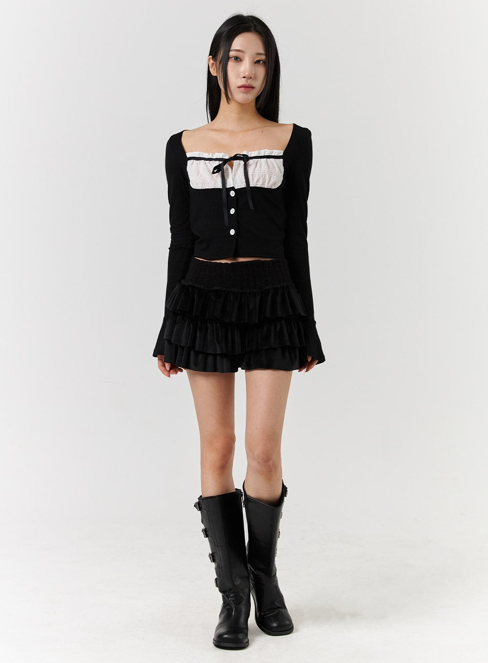 velvet-mid-waist-ruffle-mini-skirt-cd322 / Black