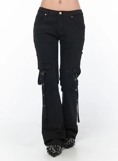 black-bucle-bootcut-cargo-pants-cy513 / Black