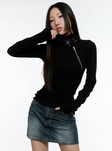 zipper-detail-rib-knit-long-sleeve-cs517 / Black