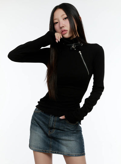 zipper-detail-rib-knit-long-sleeve-cs517 / Black