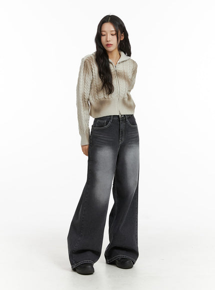 mid-waist-washed-button-wide-leg-jeans-cj409 / Black