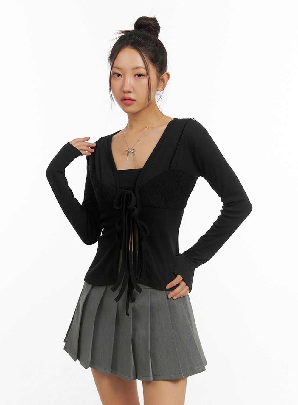 ribbon-strap-solid-cardigan-is402 / Black