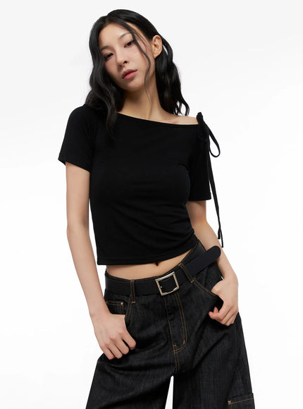 asymmetric-shoulder-tie-t-shirt-ig508 / Black