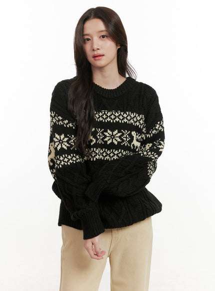 cozy-nordic-round-neck-sweater-on429 / Black