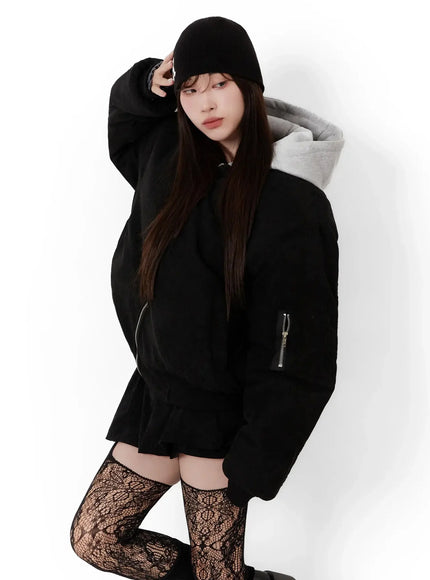 corduroy-hooded-bomber-jacket-ij521 / Black