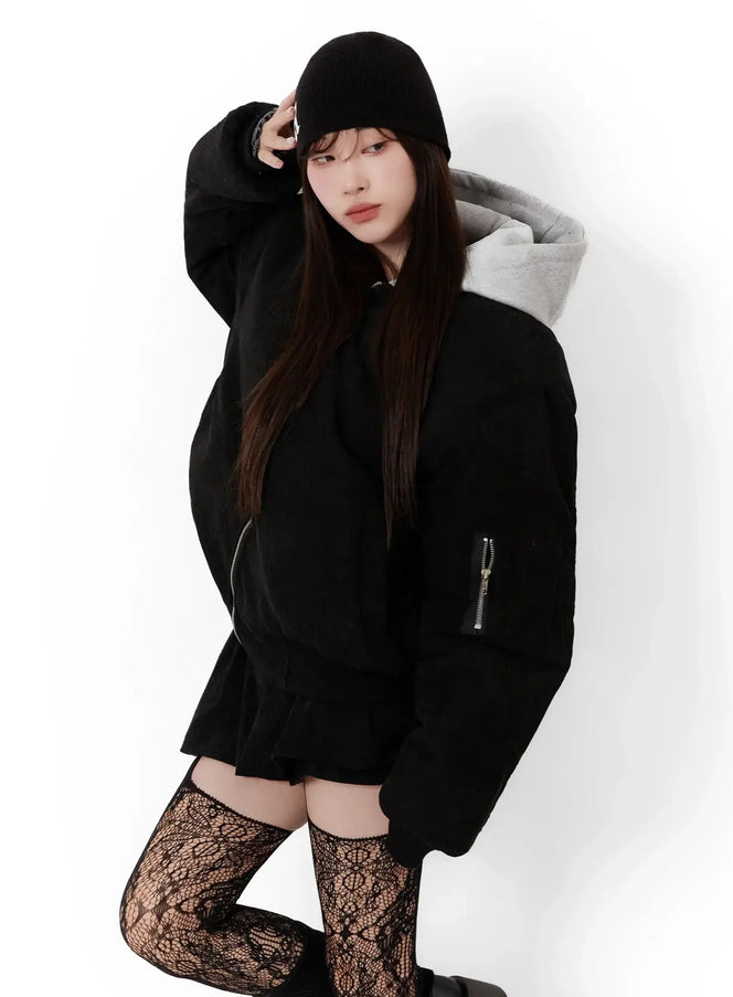 corduroy-hooded-bomber-jacket-ij521 / Black
