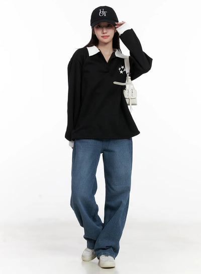 contrast-color-collar-long-sleeve-cn5265 / Black
