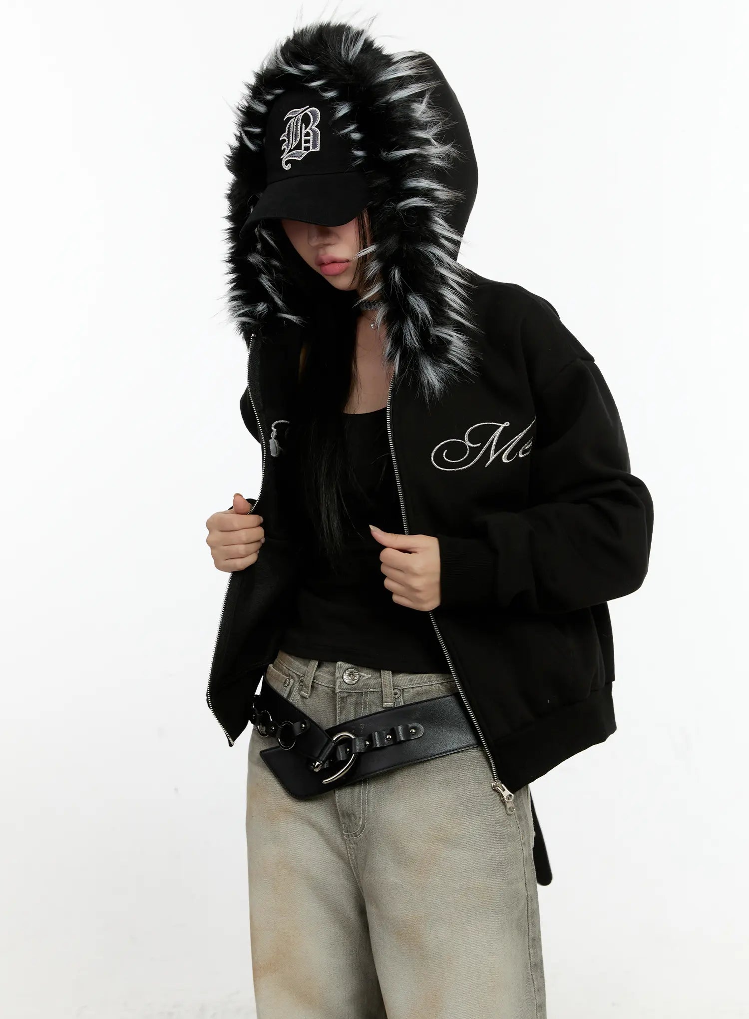 faux-fur-zip-up-hoodie-cn506 / Black