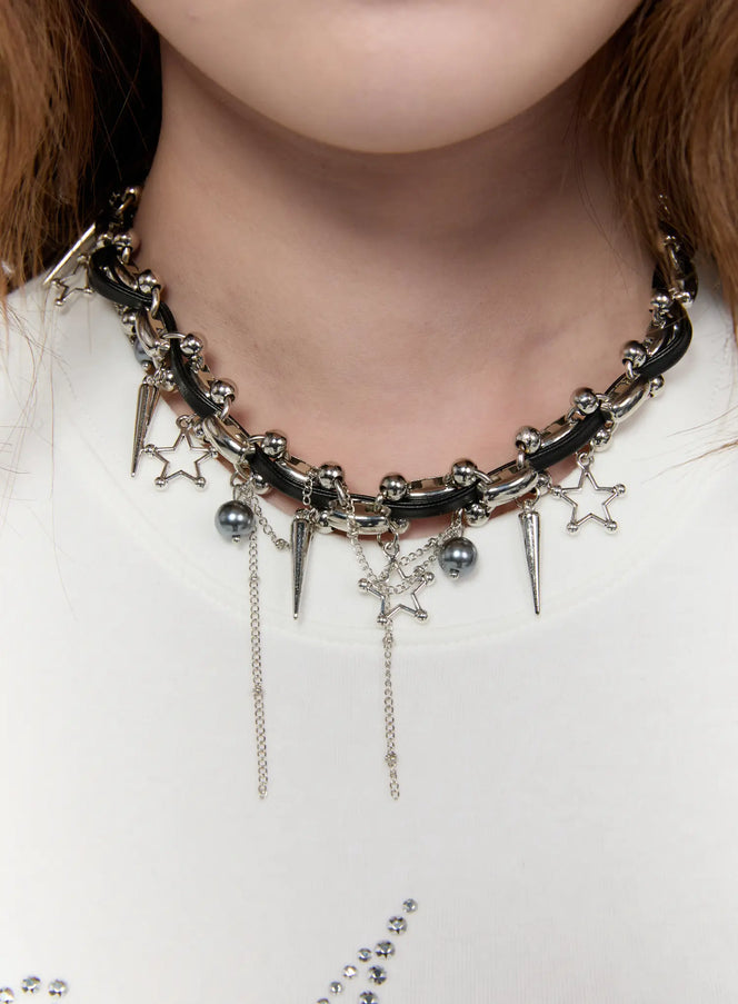 star-charm-faux-leather-choker-necklace-ca527 / Black