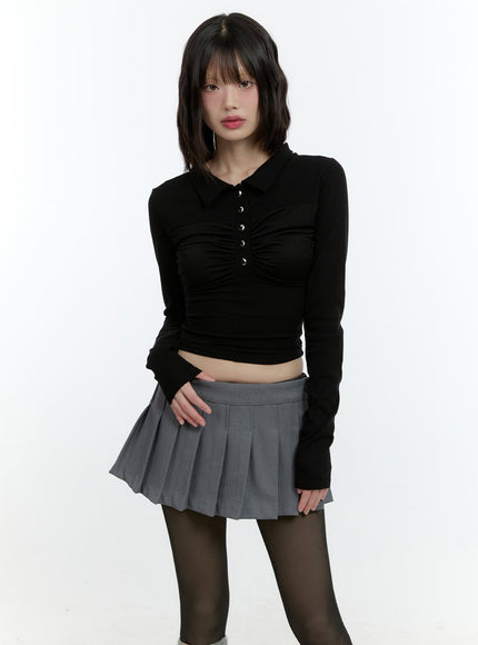 shirring-long-sleeve-collared-crop-top-cf507 / Black