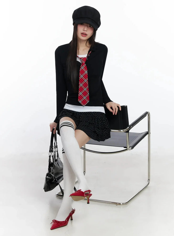 layered-collar-long-sleeve-top-if505 / Black