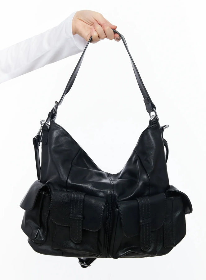 faux-leather-two-pocket-shoulder-bag-if505 / Black
