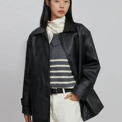 matte-faux-leather-half-jacket-id504 / Black