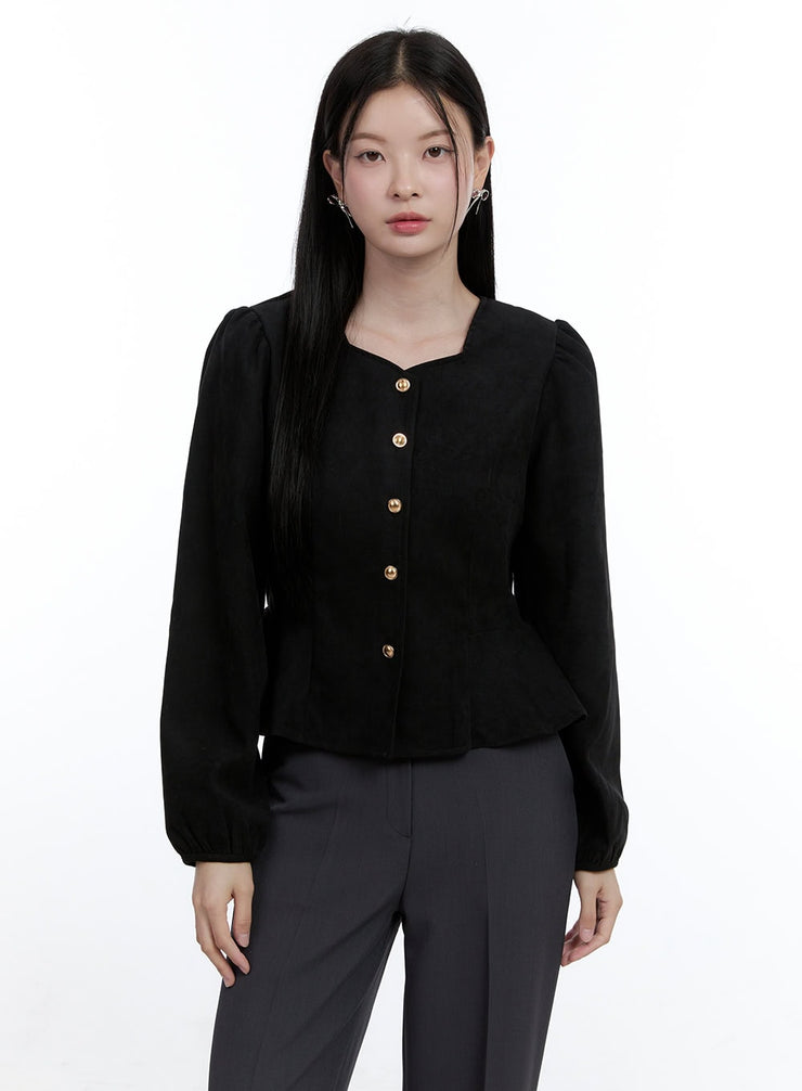 solid-puff-sleeve-blouse-oo429 / Black