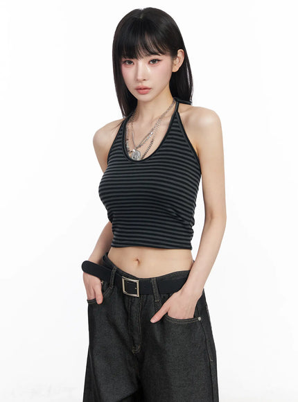 striped-halter-crop-top-cf519 / Black