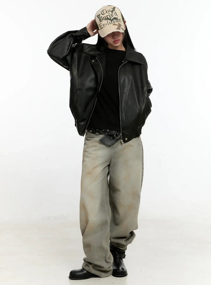 oversized-faux-leather-collar-jacket-co419 / Black