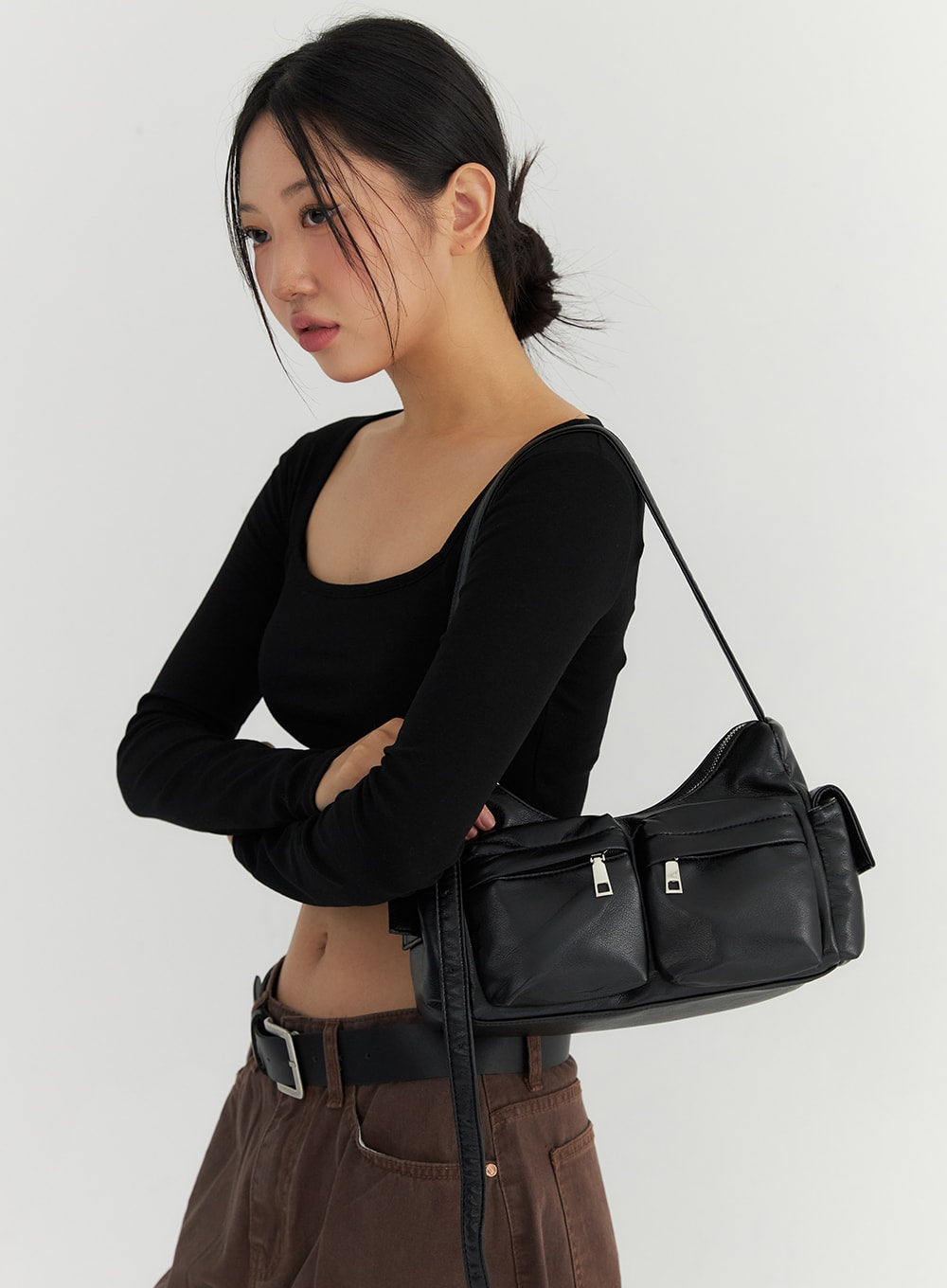 Black Leather Pocketed Cross Body Bag