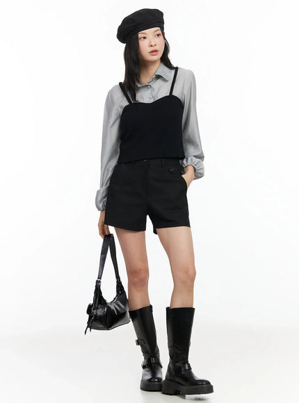 button-detail-cotton-shorts-im524 / Black