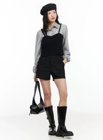 button-detail-cotton-shorts-im524 / Black