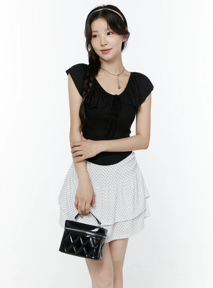 Frill Ribbon V-Neck Off-Shoulder Top IY507