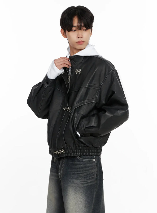 Men's Faux Leather Toggle Buckle Jacket IO516