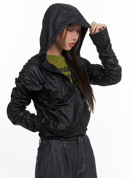 shirred-hooded-nylon-crop-jacket-co402 / Black