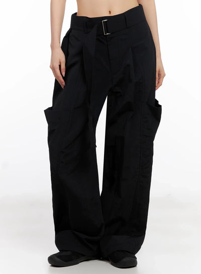belted-wide-leg-utility-cargo-pants-ig508 / Black