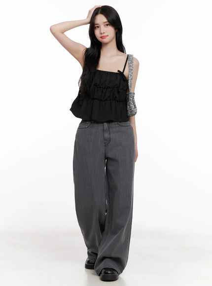 ribbon-strap-ruffle-scrunch-tank-cl516 / Black