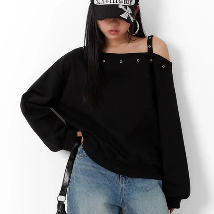 one-shoulder-eyelet-sweatshirt-id525 / Black