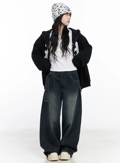 oversized-lettering-zip-up-hoodie-cj527 / Black