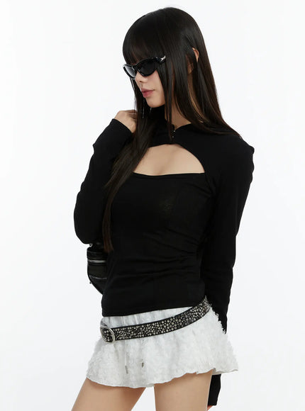 cut-out-hooded-long-sleeve-tee-cf510 / Black