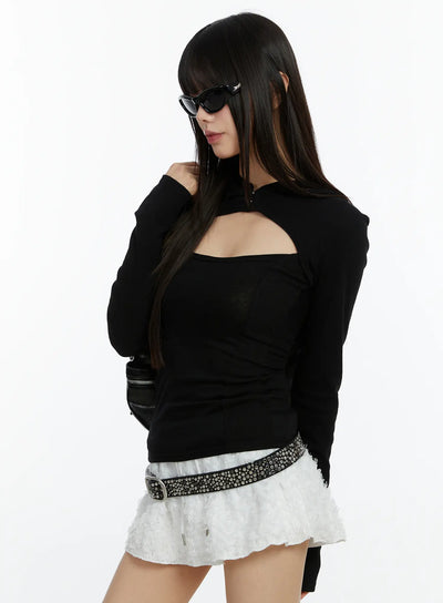 cut-out-hooded-long-sleeve-tee-cf510 / Black