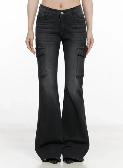 seowon-black-cargo-low-rise-bootcut-jeans-in514 / Black