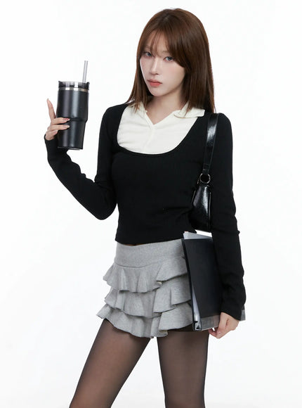 layered-collared-knit-top-cs501 / Black